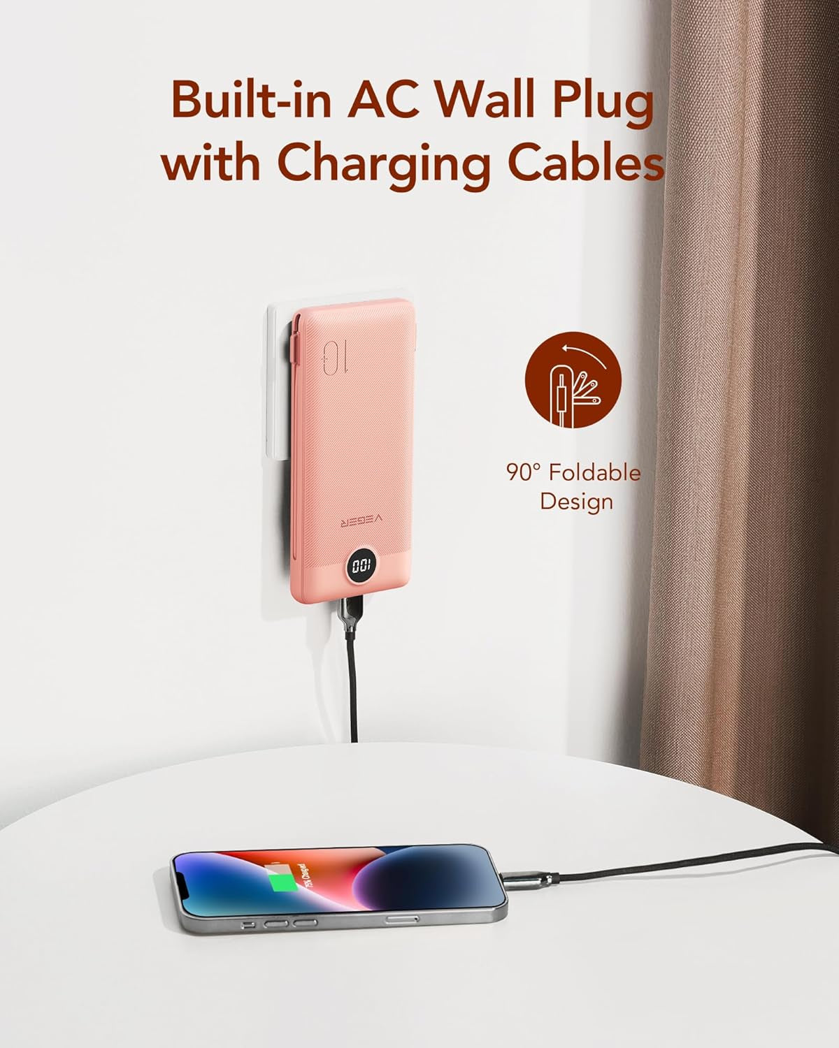 Portable Charger with Built-In AC Plug and Cables