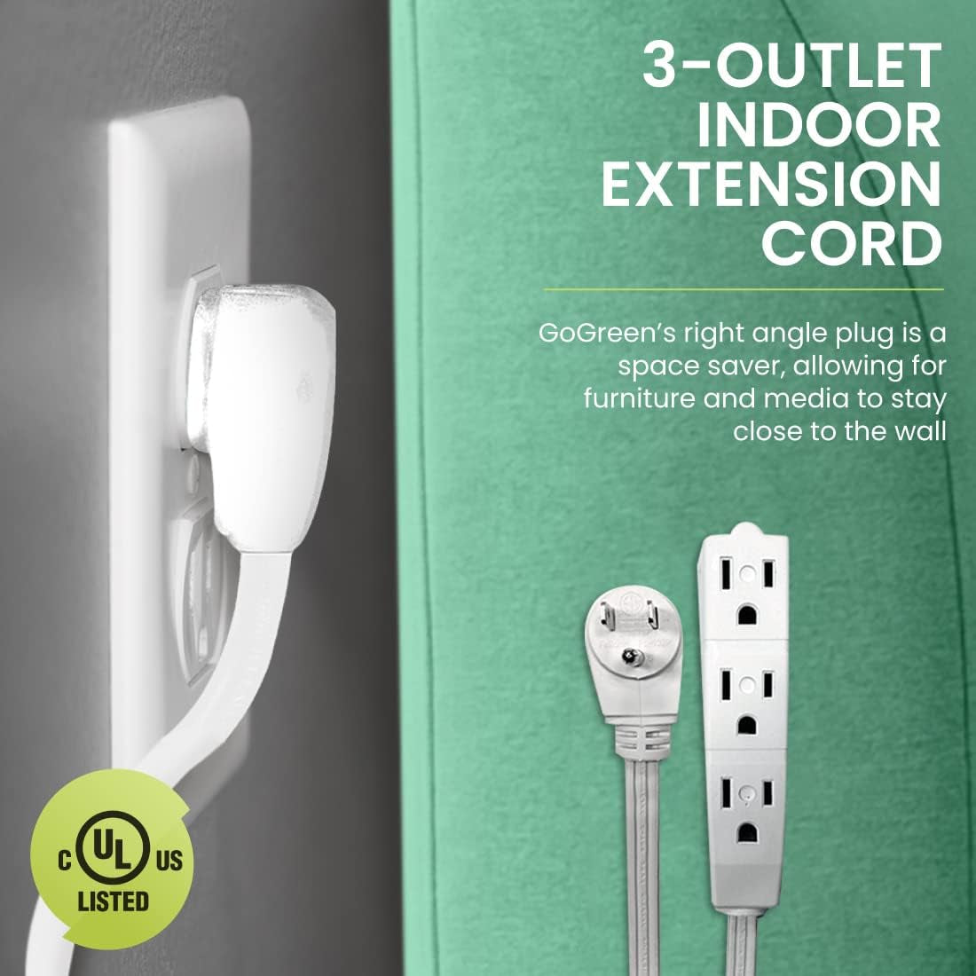 15Ft Extension Cord with 3 Outlets, White - Compact, Flush-Fit Design, Heavy Duty, Grounded Plug - Ideal for Home & Small Appliances - GG-19615