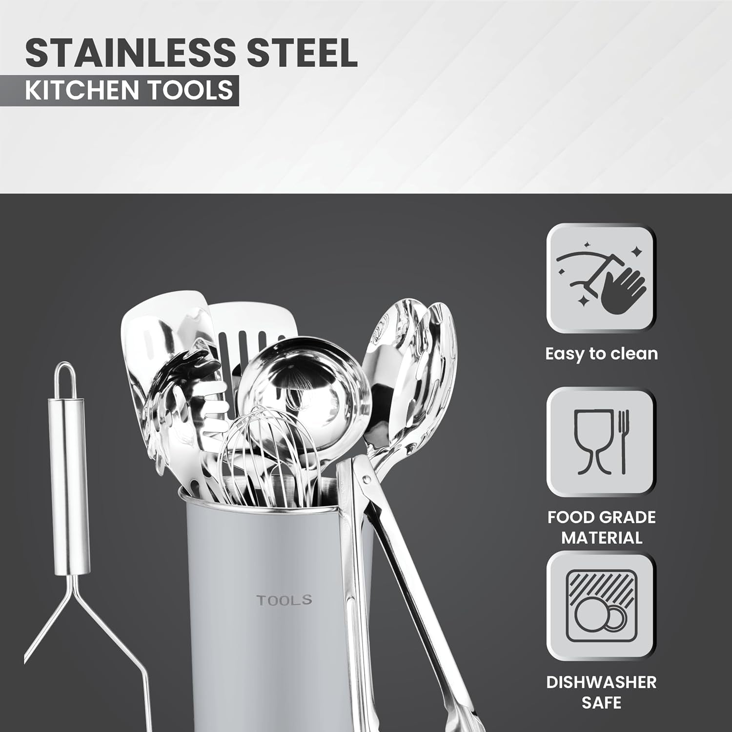 ® Premium Set of 10 Stainless Steel (GREY HOLDER) Kitchen Tool Set with Holder Easy to Clean, Space Saving, Great for Cooking, Baking, Prepping (GREY)