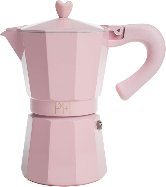 Stovetop Espresso and Coffee Maker, Italian & Cuban Style Coffee Pot with Iconic Heart Knob, Perfect for Rich Aromatic Espresso, Makes up to 6 Espresso Cups, Pink