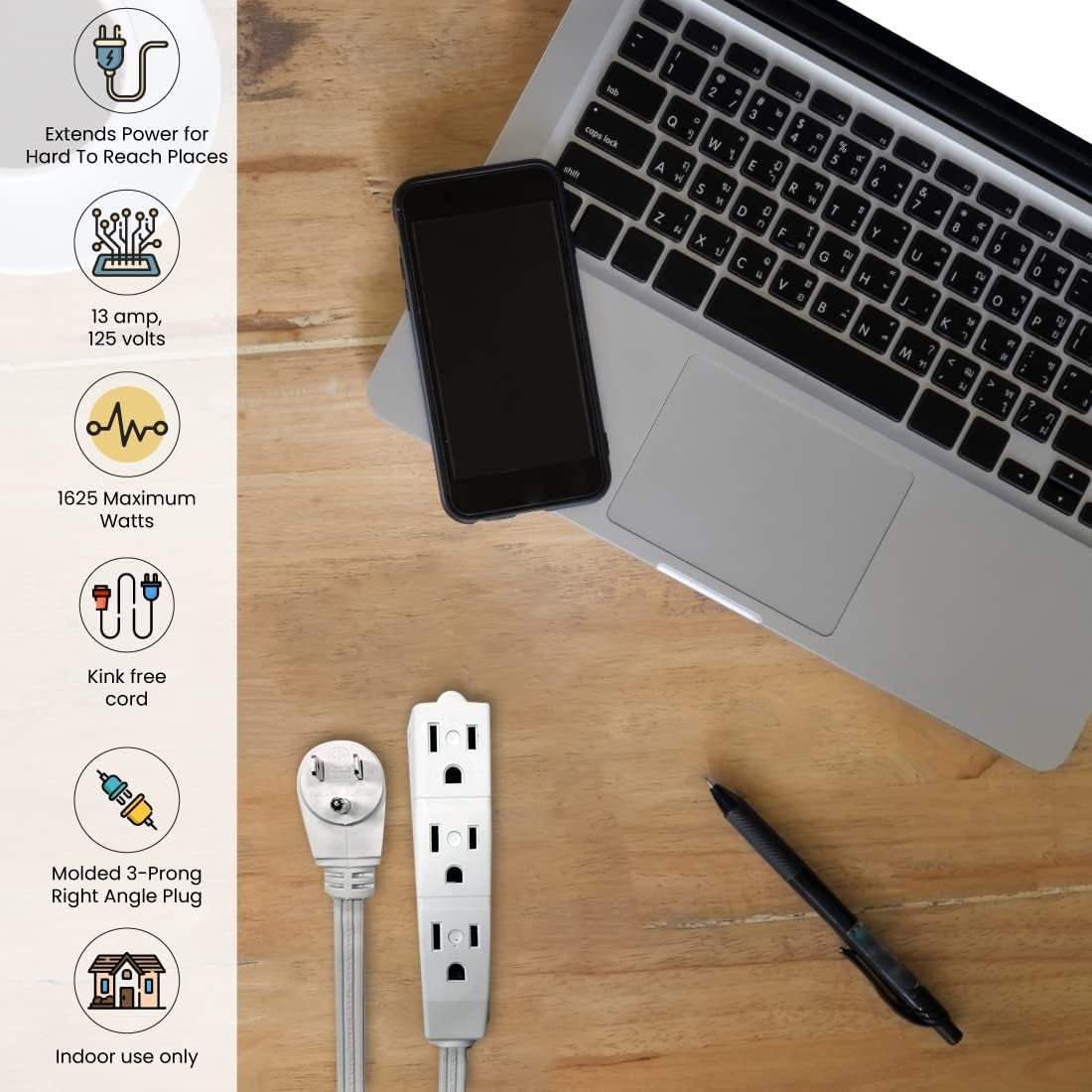 15Ft Extension Cord with 3 Outlets, White - Compact, Flush-Fit Design, Heavy Duty, Grounded Plug - Ideal for Home & Small Appliances - GG-19615