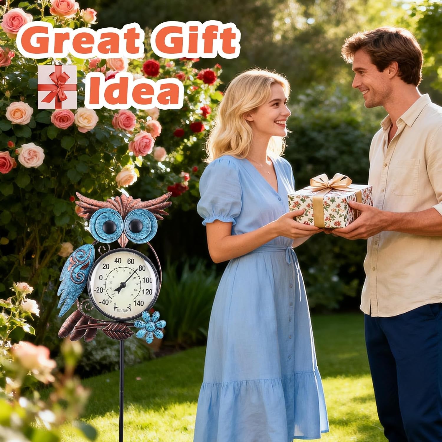 Outdoor Thermometer, 42 Inch Metal Owl Garden