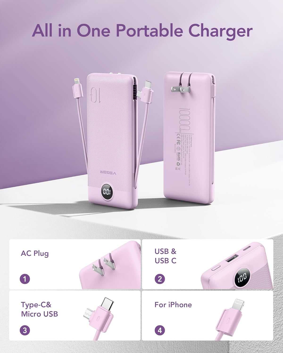 Portable Charger with Built-In AC Plug and Cables