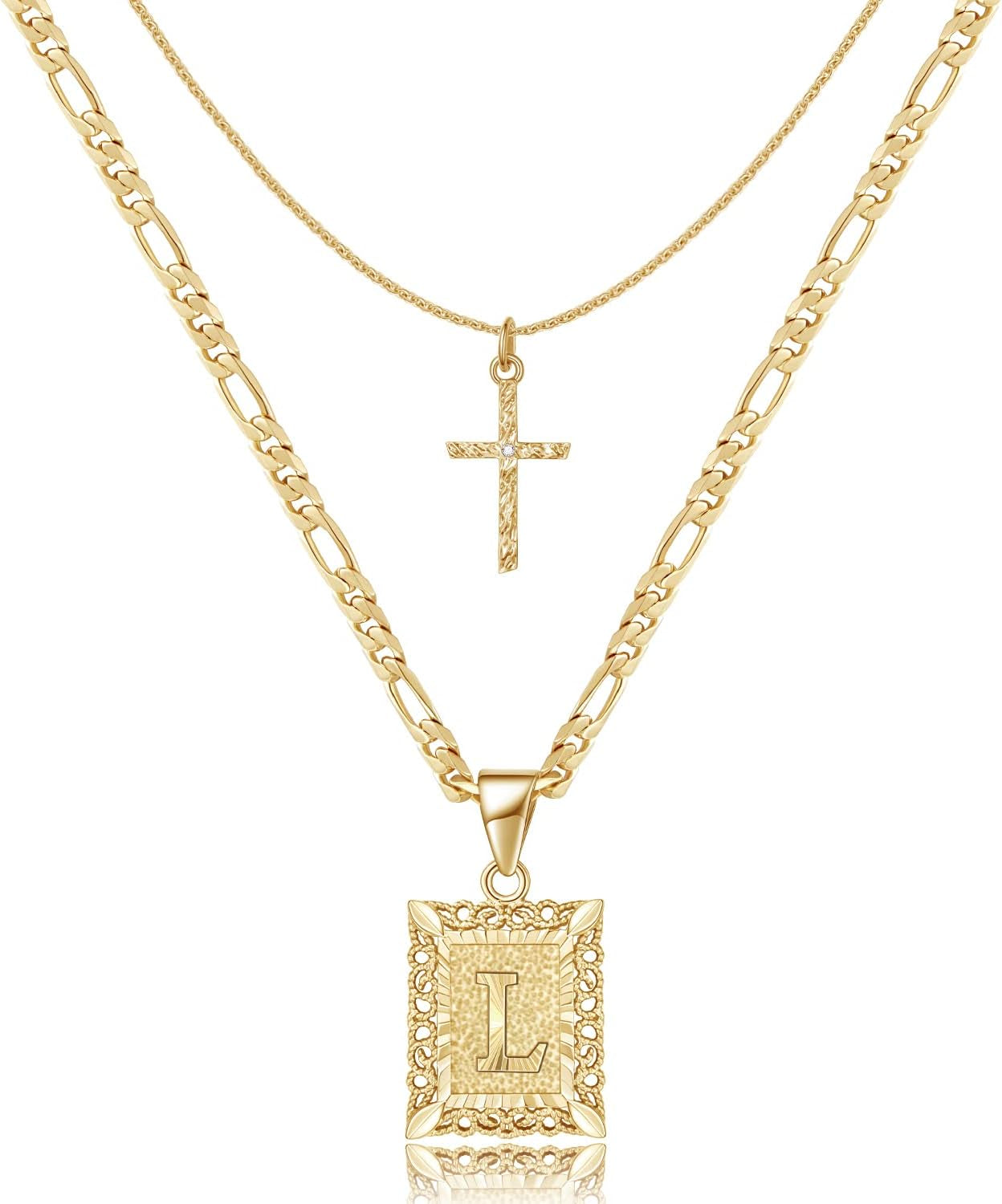 Gold Layered Initial Cross Necklace, 14K Gold Plated