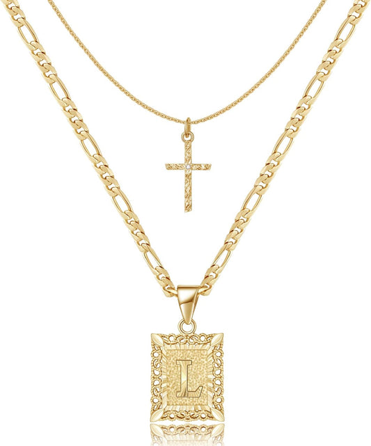 Gold Layered Initial Cross Necklace, 14K Gold Plated