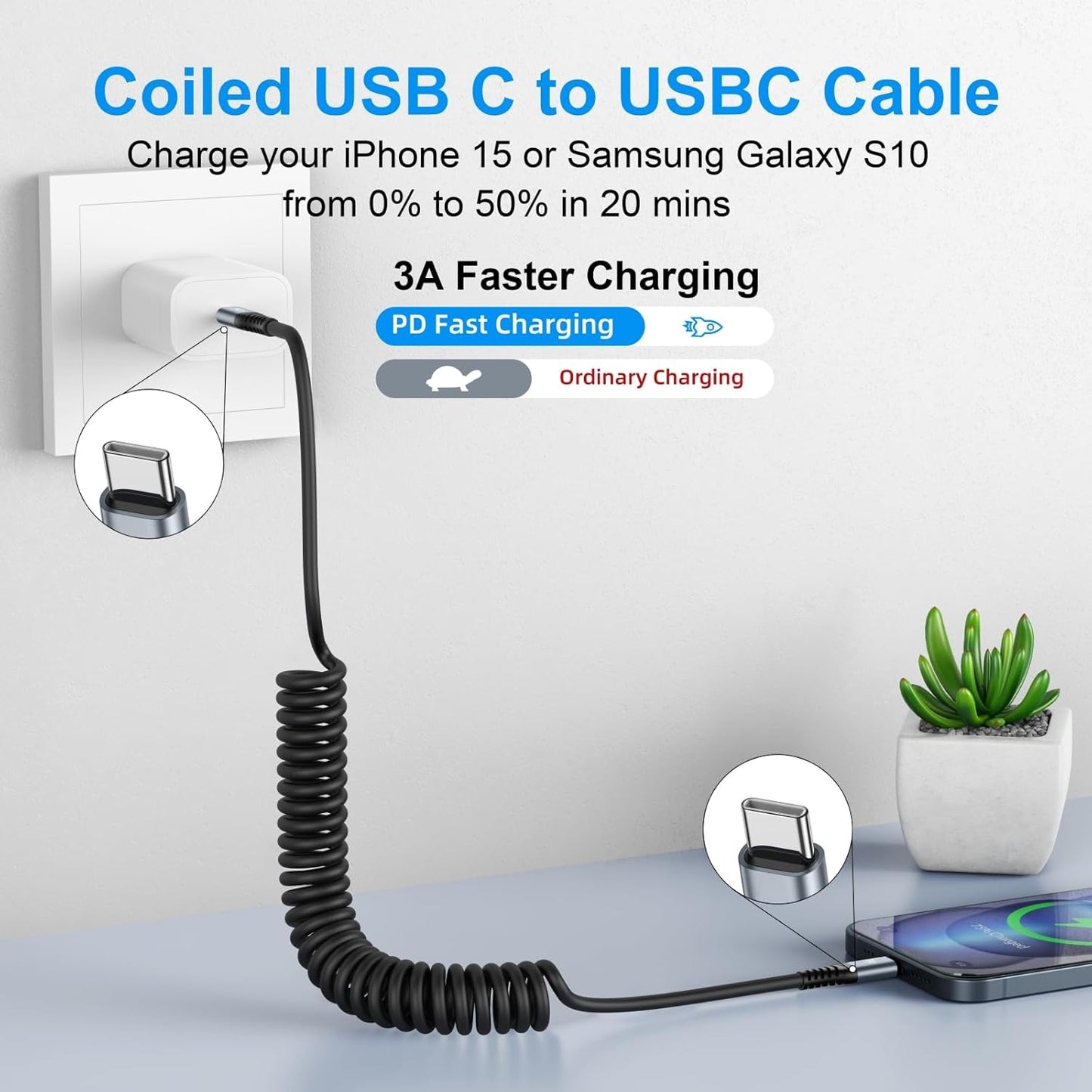 USB C to C Cable 3Ft 2Pack Coiled USB