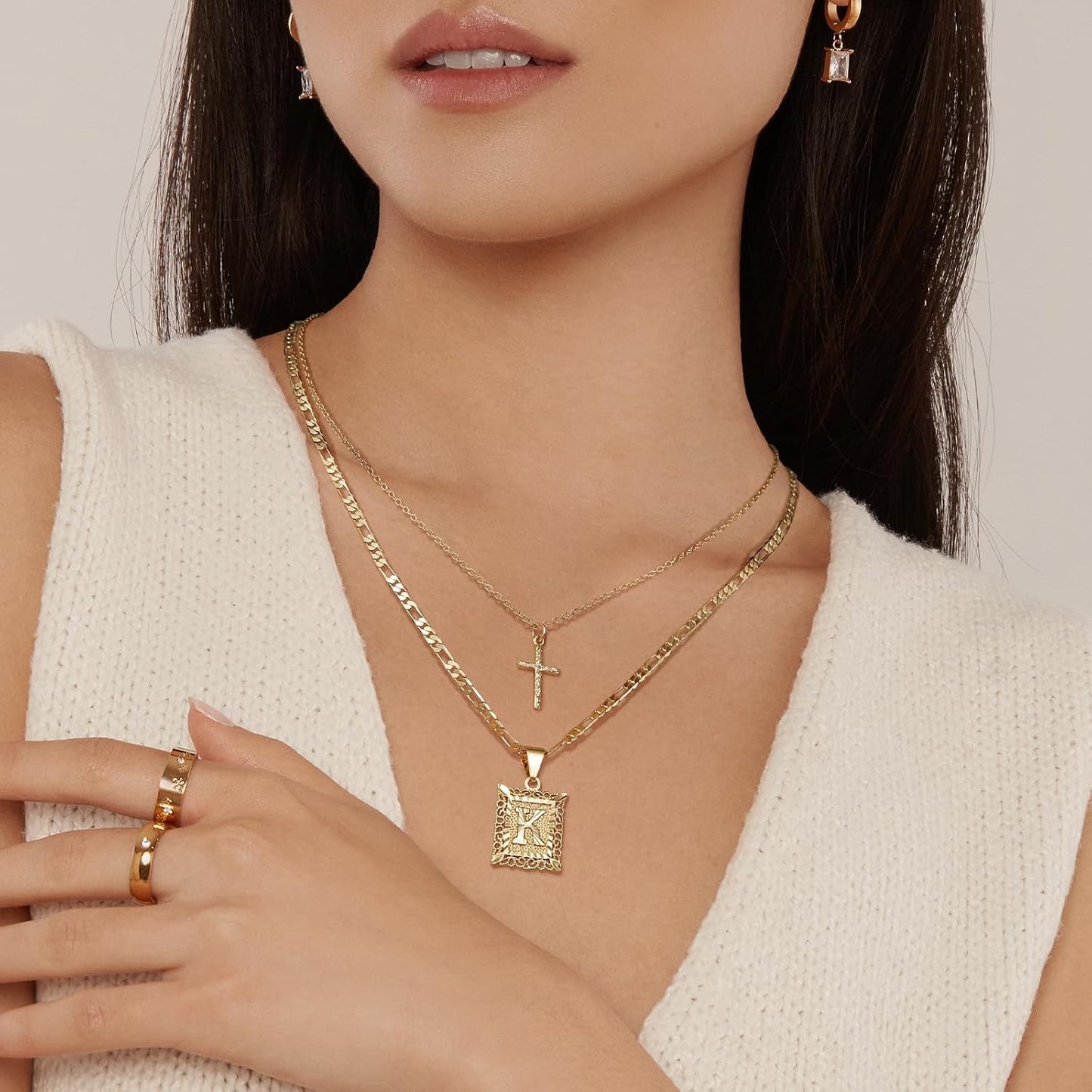 Gold Layered Initial Cross Necklace, 14K Gold Plated