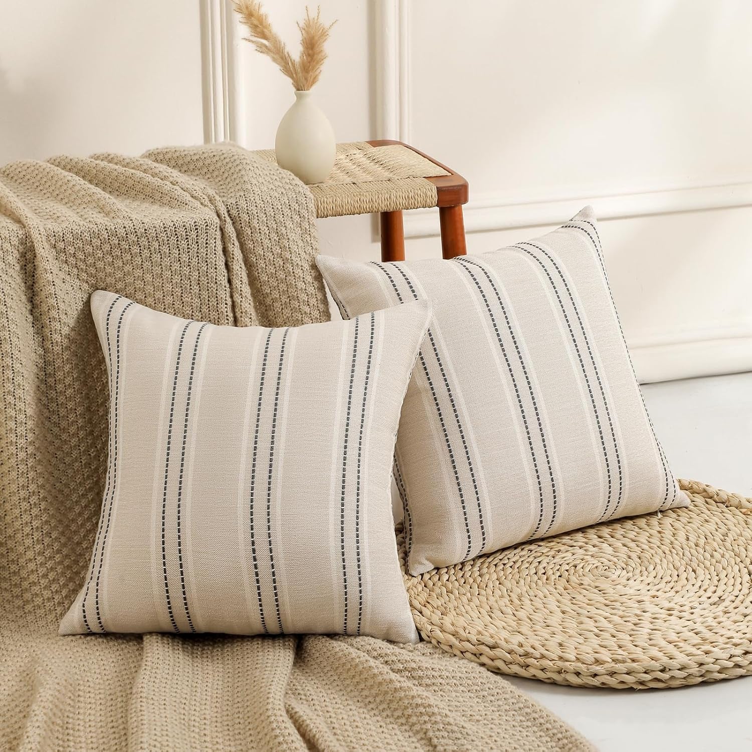 Throw Pillow Covers 20X20 Set of 2 Striped Pillow Covers Textured Linen Decorative Pillows Square Cushion Covers for Sofa Couch Bed Living Room Farmhouse Decor, Grey